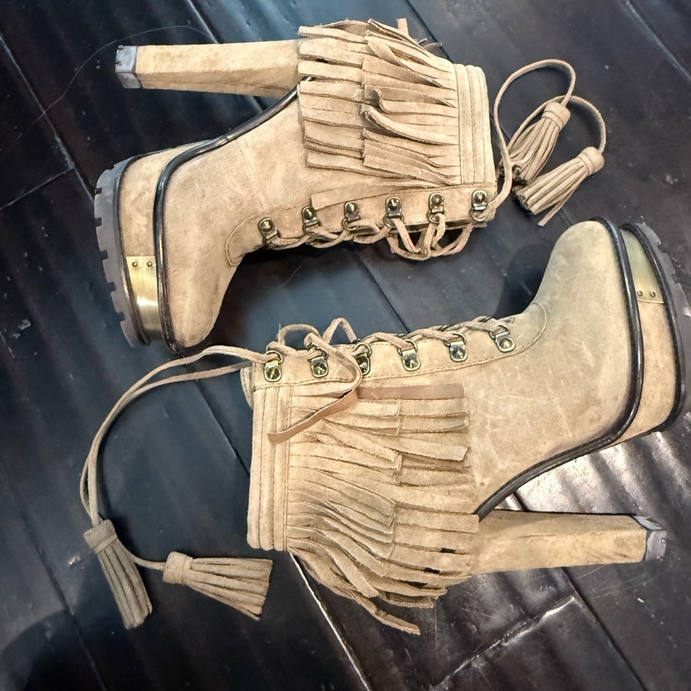 B Brian Atwood suede with fringe high heel ankle boots